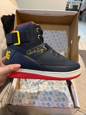 Patrick Ewing Navy High-Top Sneakers with Red Sole and Yellow Accents